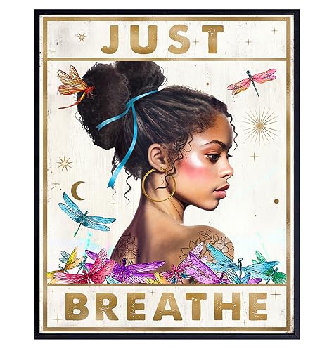 Just Breathe Wall Art for Women - Black Girl Inspirational Quotes Wall Decor - inspiring Encouraging Poster - Black Women Teens Tween Girls - New Age spiritual Decor - Boho-chic Hippie Room Decoration