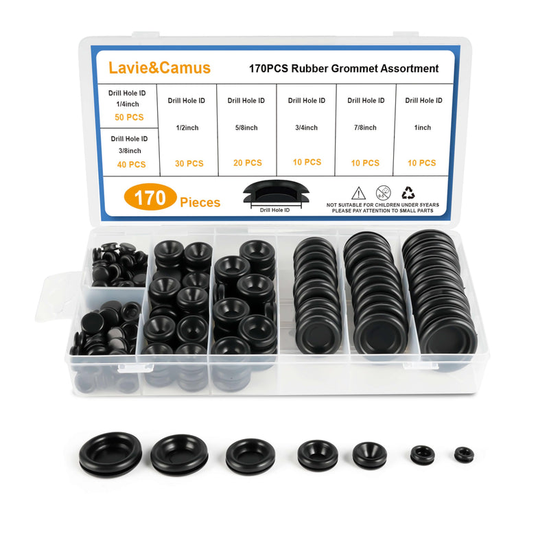 [Australia - AusPower] - 170PCS Rubber Grommet Kit, Closed Rubber Hole Plug, Rubber Grommets for Wiring Protection, Firewall Grommets Automotive, Drill Hole 7 Sizes 1/4" 3/8" 1/2" 5/8" 3/4" 7/8" 1" 