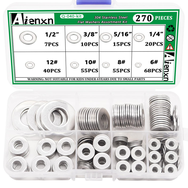 [Australia - AusPower] - 270PCS 8 SAE Sizes 304 Stainless Steel Flat Washers Assortment Kit 1/2 3/8 5/16 1/4 12# 10# 8# 6# for Electrical Connections on Household and Commercial appliances, auto and Marine Q-040-kit 6# -1/2" ID (270PCS) 
