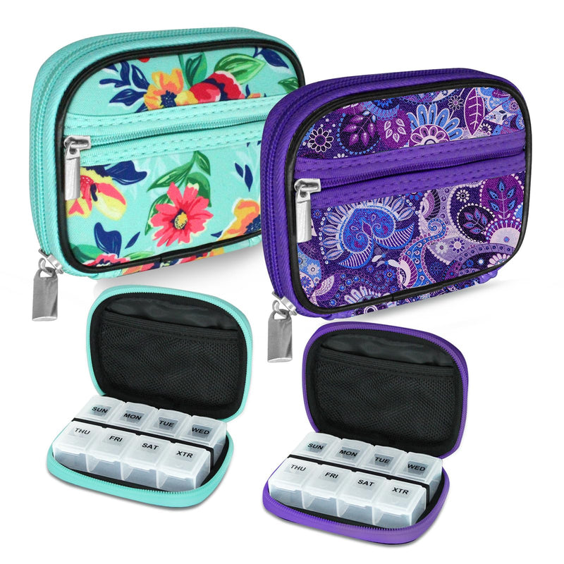 [Australia - AusPower] - Serfeymi Weekly Travel Pill Organizer Pill Case for Purse with Removable 7 Day Pill Box, Fashionable Travel Medicine Organizer Pill Container for Medicine, Vitamin, Supplement - Green 01 + Purple 01 2 Cases + 2 Boxes C. Green 01 + Purple 01 