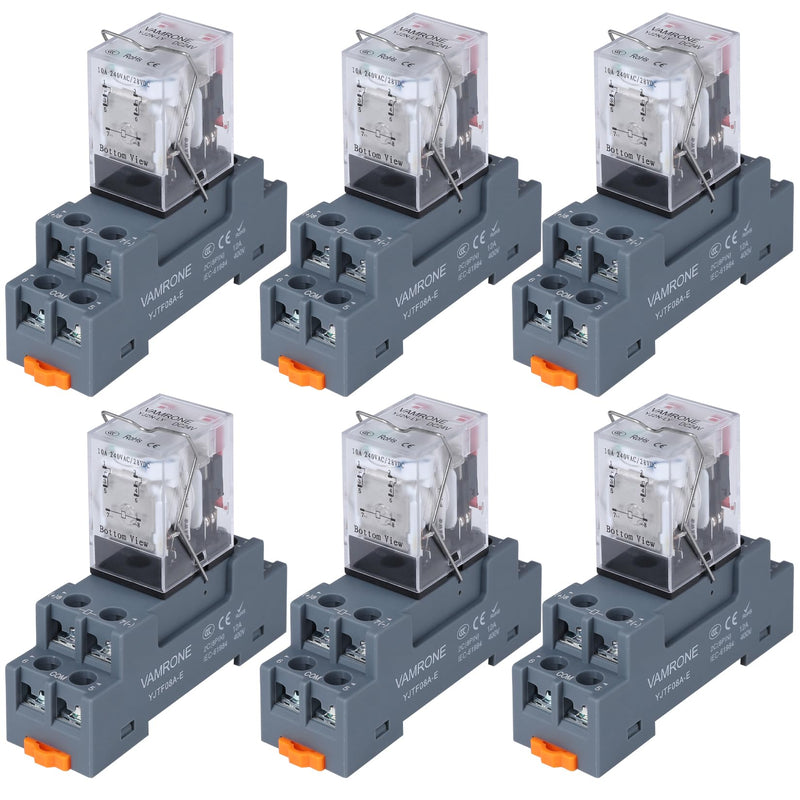 6PCS Electromagnetic Power Relay, 8-Pin 10 AMP 24V DC Relay Coil with Socket Base, LED Indicator, DPDT 2NO 2NC - MY2NJ [Applicable for DIN Rail System] DC 24V 8Pin-10A-6PCS