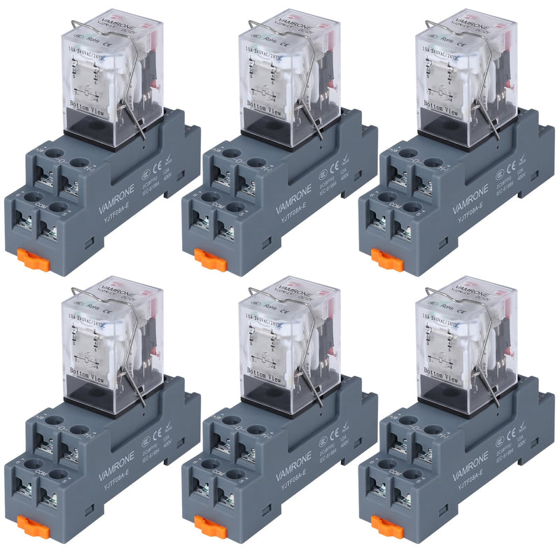 6PCS Electromagnetic Power Relay, 8-Pin 10 AMP 12V DC Relay Coil with Socket Base, LED Indicator, DPDT 2NO 2NC - MY2NJ [Applicable for DIN Rail System] DC 12V 8Pin-10A-6PCS