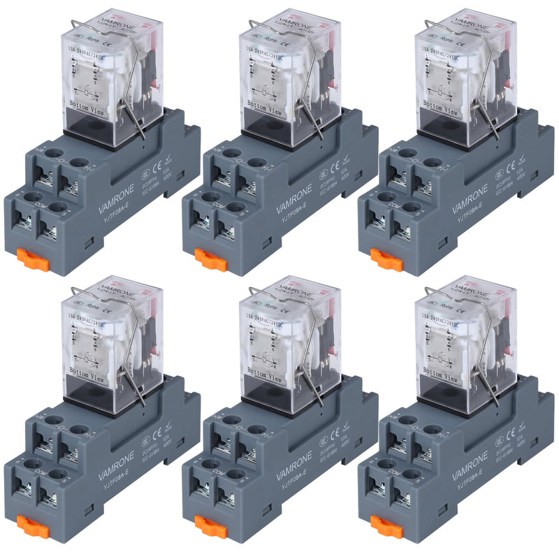 6PCS Electromagnetic Power Relay, 8-Pin 10 AMP 110/120V AC Relay Coil with Socket Base, LED Indicator, DPDT 2NO 2NC - MY2NJ [Applicable for DIN Rail System] AC 110V 8Pin-10A-6PCS