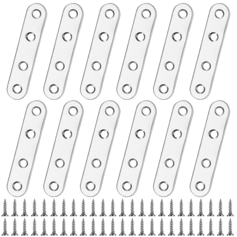 [Australia - AusPower] - 12Pcs Flat Plate Straight Brackets, Mending Plates Flat Brackets, Stainless Steel Flat Straight Brace Brackets, Straight Corner Fixing Bracket Joining Plates for Furniture Wood, 48 Screws 