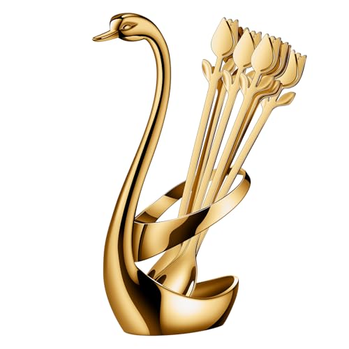 Gold swan-shaped coffee and espresso spoon holder set with 12 pieces, featuring elegant 6-inch gold swan bases by SGvrPvz