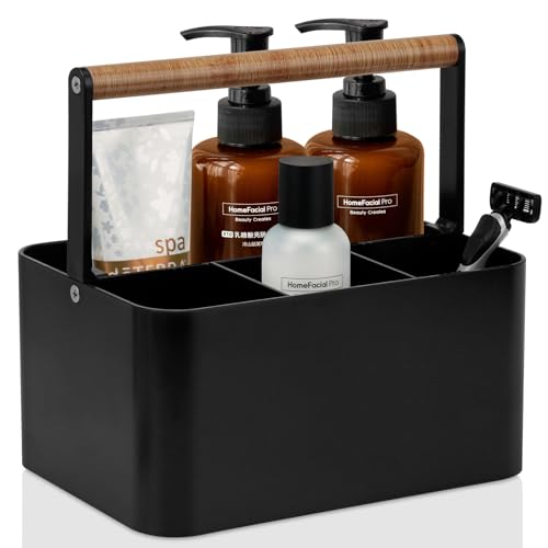 BYUNER Portable Shower Caddy Dorm: Bathroom Caddy Organizer with Handle and Adjustable Dividers,Plastic Shower Basket for Toiletry,Makeup,Vanity,Shower Storage Tote for College, Cleaning Caddy, Black Black / Wood Handle