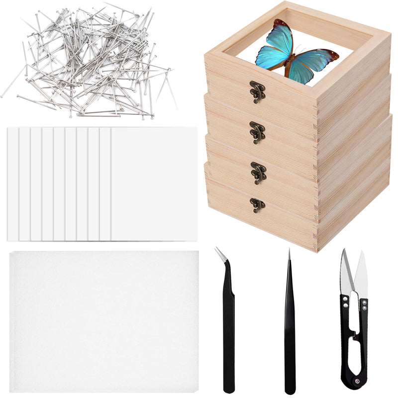 [Australia - AusPower] - 20 PCS Insect Specimen Tools Kit 4 Wooden Display Case Box with Clear Top 10 Sheets Thin Tracing Paper 2 EVA Foam Pinning Board 200 Pins 2 Tweezers 1 Scissors Tools for Bugs Collection 