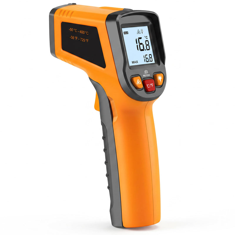 Retoo Infrared Thermometer -50-380°C LCD Laser Non-Contact °C/°F | Measurement in 1 second, LCD lighting, 14 x 8.5 x 3.5 cm, 2 x AAA not included, ABS, orange-black