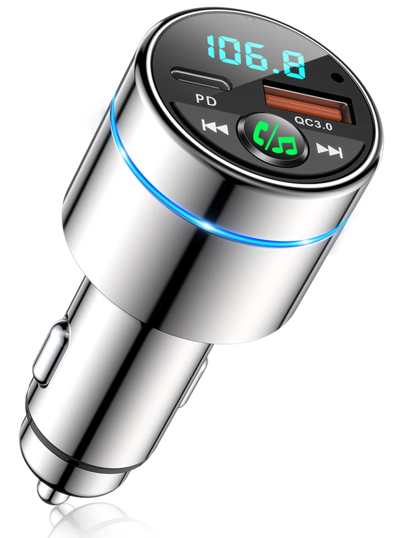 [Australia - AusPower] - FM Transmitter for Car Bluetooth 5.3, [All-Metal] PD 30W & QC3.0 18W Fast Car Charger, Wireless FM Radio Car Kit Bluetooth Car Adapter, Noise Cancelling Hands-Free Call, Blue Light - Silver 