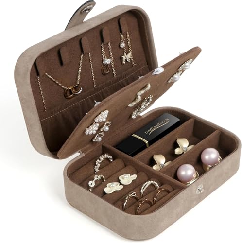 SLOZO Travel Jewelry Box, Small Jewelry Organizer Boxes for Women Girls, Travel Jewelry Case Portable Jewelry Storage for Earrings, Ring, Necklaces, Bracelets - Brown