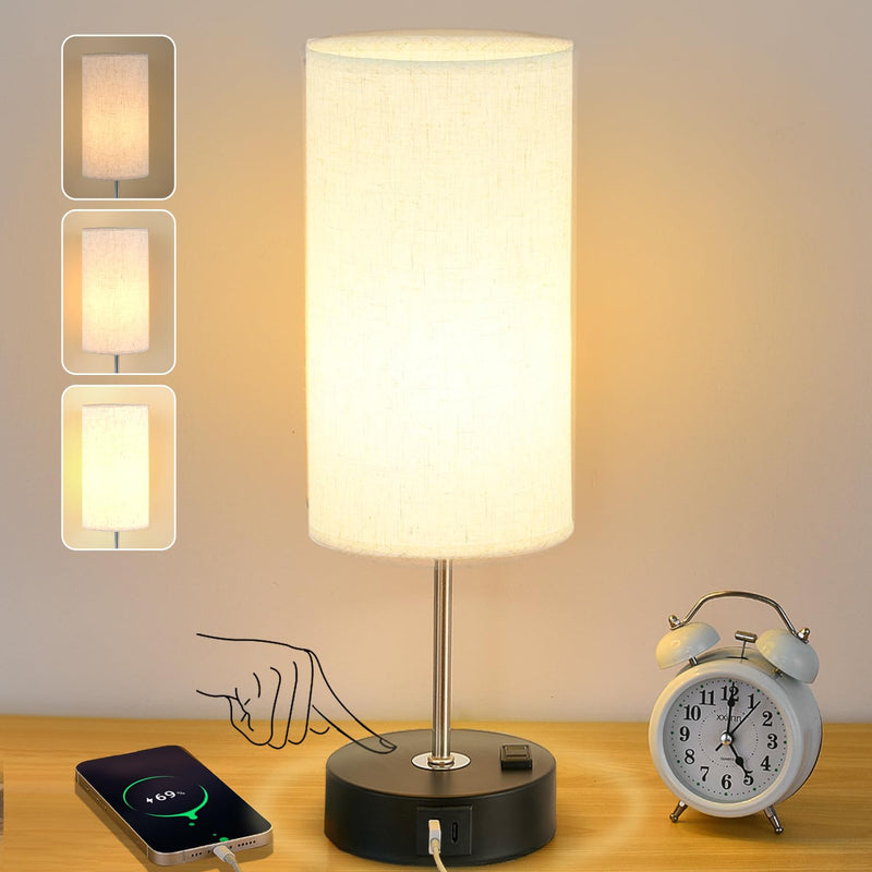 [Australia - AusPower] - Gugsey Bedside Table Lamp with USB Port - Touch Desk Lamp for Bedroom, 3 Way Dimmable Small Nightstand Lamp for Living Room, Dorm, Home Office (Bulb Included) (Linen) Black 