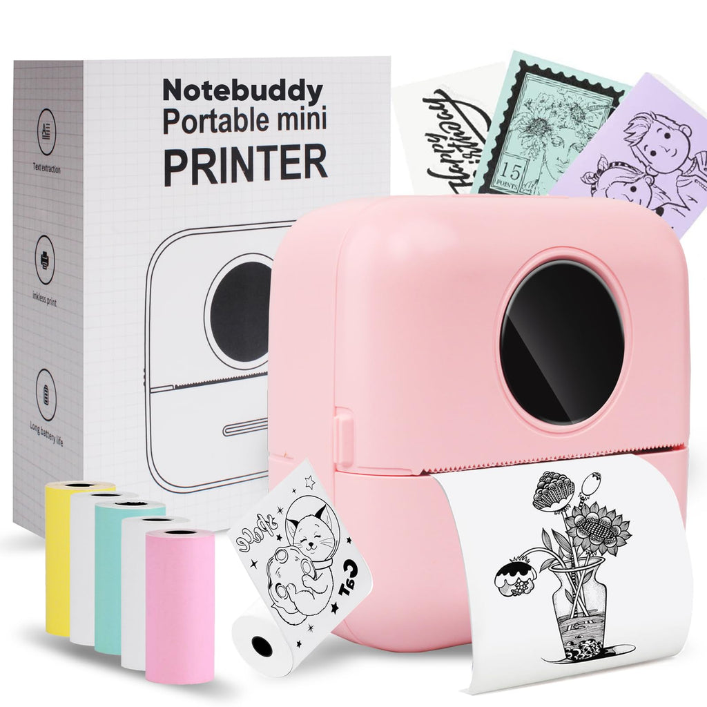 [Australia - AusPower] - Notebuddy Mini Portable Printer, Bluetooth Smart Pocket Inkless Thermal Printer with 5 Roll Papers for Journal/DIY Scrapbook/Travel/Notes/Lists/Label/Memo, Receipt Printer for iOS&Android X5-Pink 