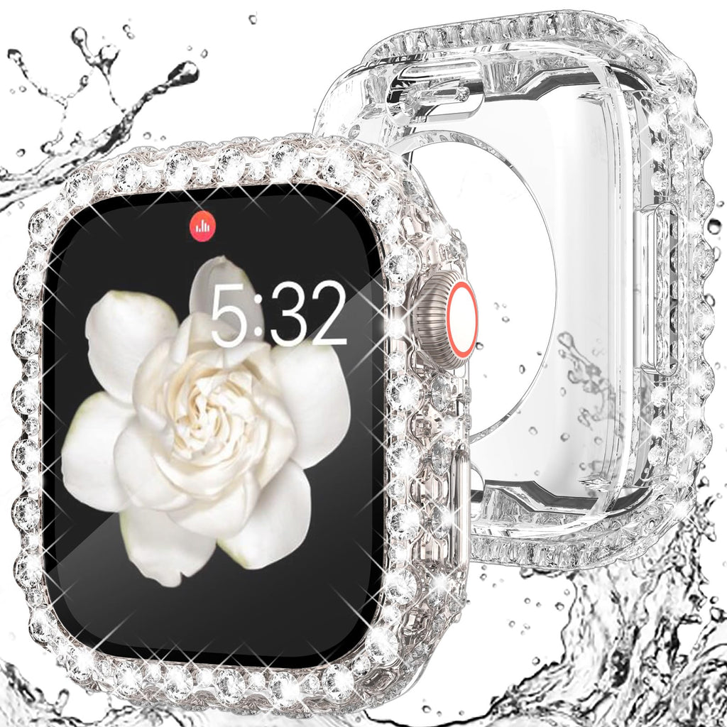 Wingle 2 in 1 Waterproof Bling Case for Apple Watch Series 9 8 7 45mm Screen Protector, Lace Edge Diamond Face Cover Full Glitter Rhinestone Protective Bumper for iWatch Accessories Women, 45 mm Clear Waterproof-Clear
