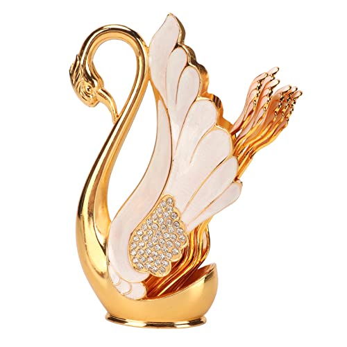 Fdit Swan Base Tableware Set, Gold Alloy Coffee Spoon Fork Holder with Rhinestones Smooth Edge Dessert Utensil Set for Bistro Bar Party (Golden White Fork)