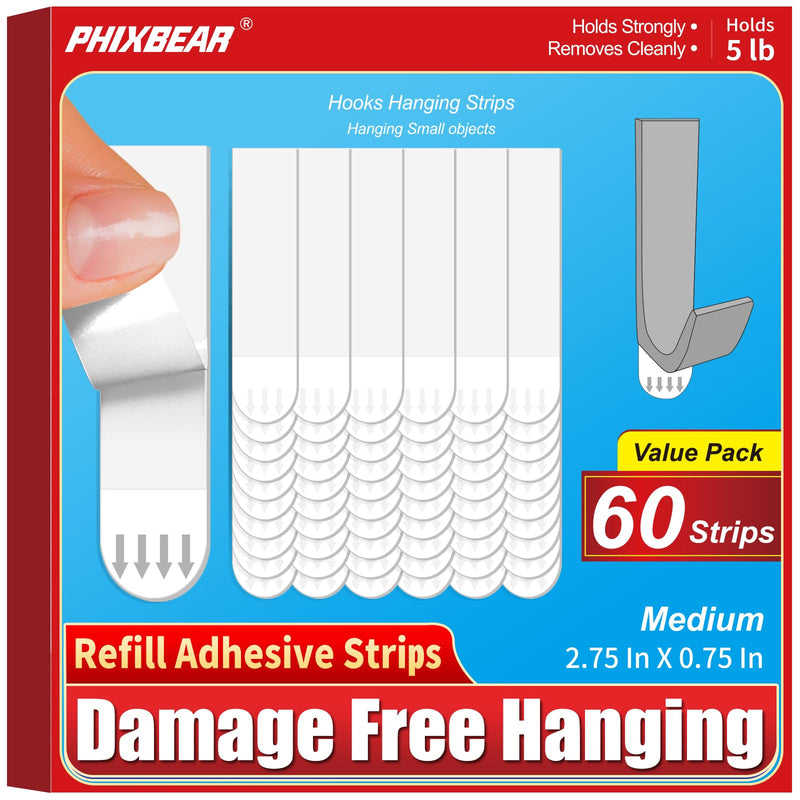 [Australia - AusPower] - Damage Free Hanging Refill Adhesive Strips | 60 Medium Strips White | Wall Poster Picture Strips Heavy Duty | Stretch Remove Cleanly 