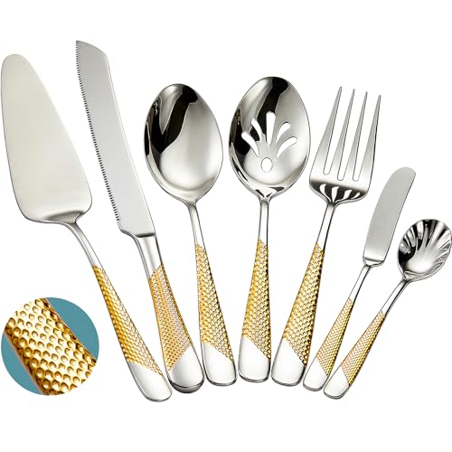 Set of 7 gold and silver hammered stainless steel serving utensils by Xideman, including spoons, tongs, and serving tools.