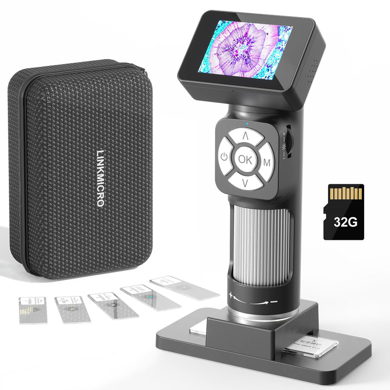 LM112 Microscope for Kids Adults Handheld with 2" Screen, 500X Portable Microscope Kit with Case, USB Magnifier with 8 LED Light, 5pcs Biological Slides, 32G