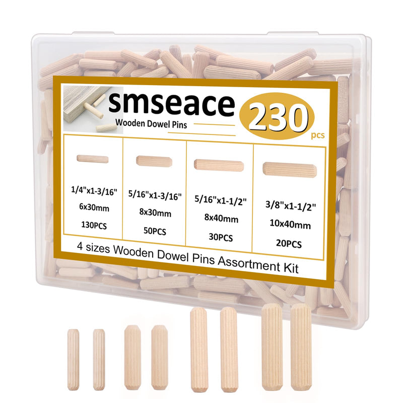 smseace 230Pcs Wooden Dowel Pins 1/4" 5/16" 3/8", Fluted Wood Dowels Rods for Crafts, Furniture, DIY Manual