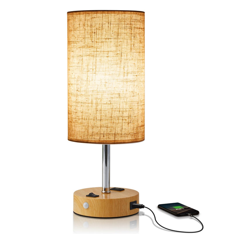 [Australia - AusPower] - lifeholder Table Lamp with Motion Sensor or Constant on Mode, USB Lamp Include One LED Bulb, Built in 1 USB Port & 1AC Outlet, Bedside Lamp Idea for Bedroom, Hallway, Bath Room Beige 