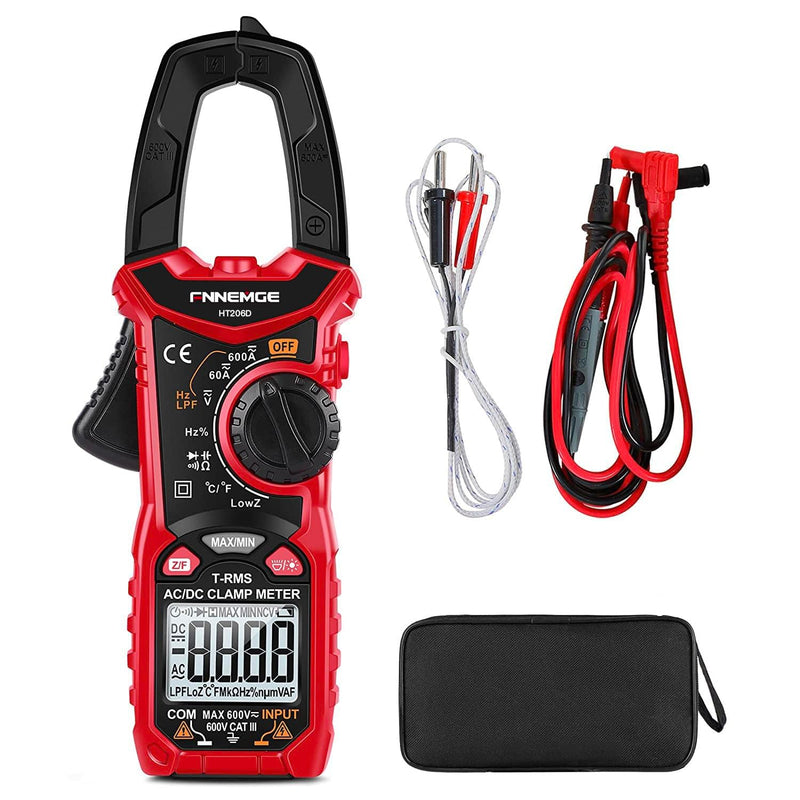 FNNEMGE HT206D Current Clamp, Current Meter DC/AC Current: 0-600A, Multimeter True-RMS 6000 Counts Auto Ranging, Measures Voltage Capacity Continuity (AC/DC Current)