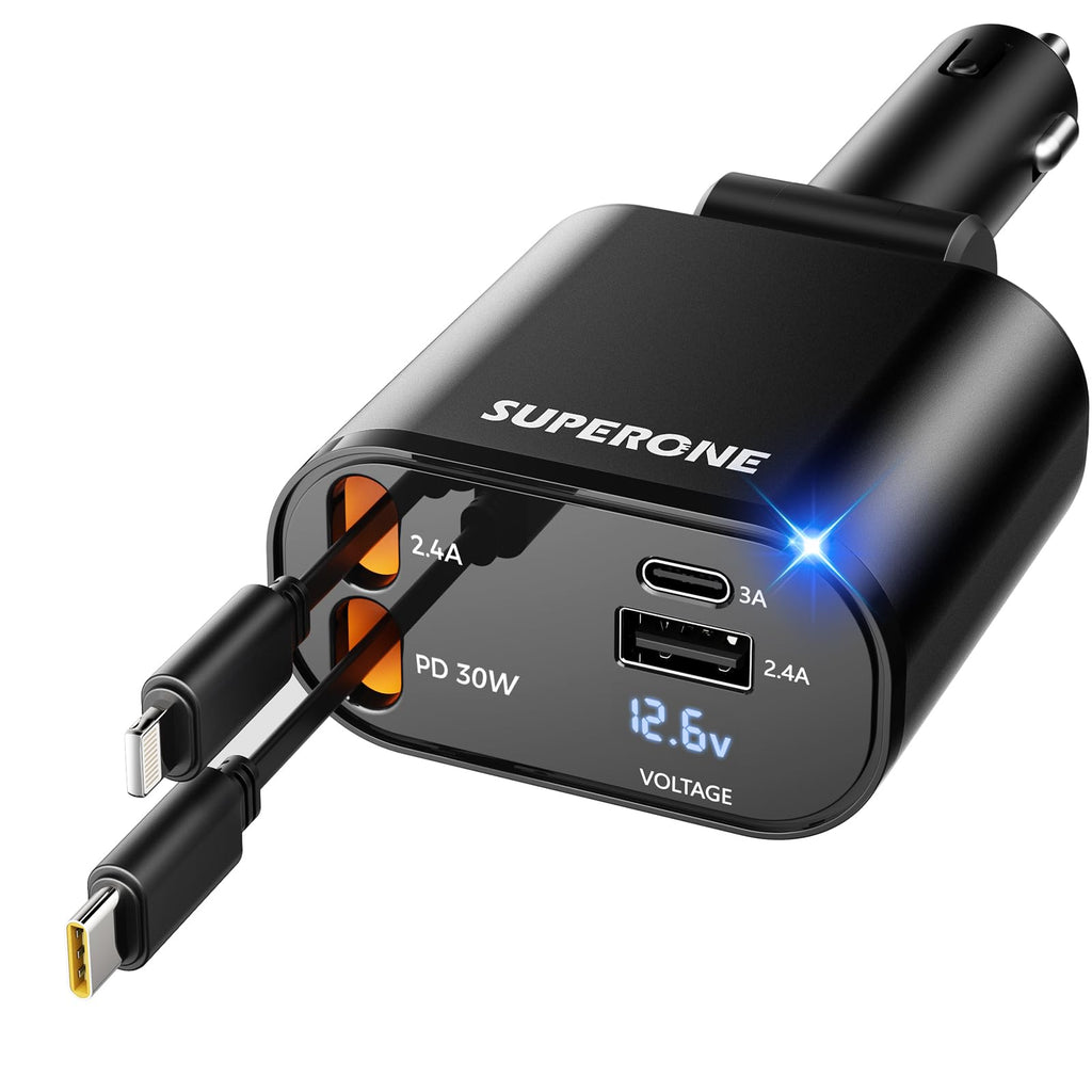 [Australia - AusPower] - 【Upgraded】 SUPERONE Retractable Car Charger 4 in 1, Fast Car Phone Charger with Cord 2.6ft, USB C and Lightning Car Charger Adapter, Compatible with iPhone 15/15 Pro Max/14/13/12/11, Galaxy, Pixel Black 