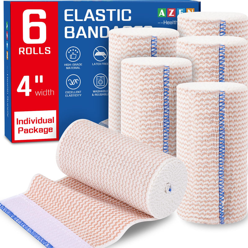 [Australia - AusPower] - AZEN 4 in Premium 6 Pack Elastic Bandage Wrap, Lymphedema Wraps for Legs, Ankle, Knee, Tummy, Body Wrap, Compression Leg Wraps, Latex-Free A-6P 