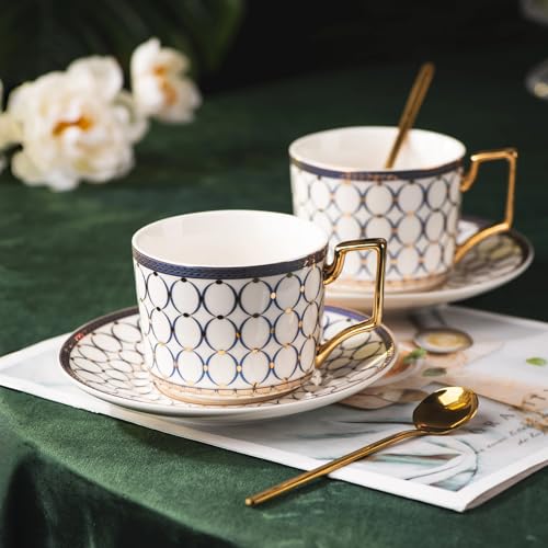 CwlwGO- European Bone China Tea Cup Sets Of 2,Elegance Blue and White Ceramic Cup and Saucers, For Women Tea Parties or Gifts Giving.