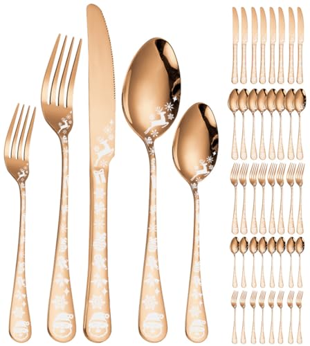 XIAOYU 40 Pieces Christmas Style Silverware Set for 8, Stainless Steel Flatware Set, Snowflakes Santa Claus Elk Pattern Design, Tableware Utensils for Kitchen Restaurant, Dishwasher Safe, Rose Gold