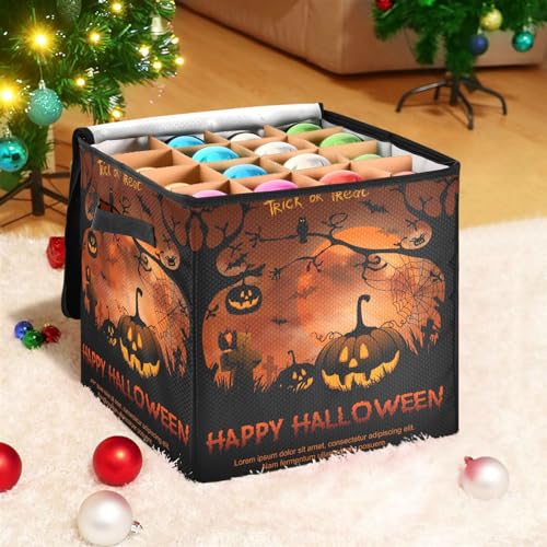 YETTASBIN Halloween Pumpkin Large Christmas Ornament Storage Box with Zipper & Adjustable Dividers, Storage Container with Lid & Handles for 64 Holiday Ornaments 3-Inch, 13 x 13 Inch