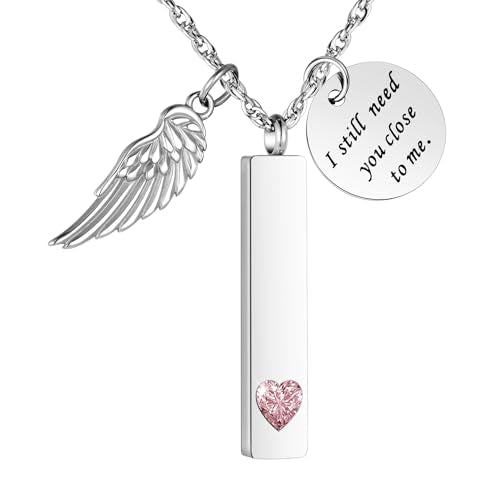 XIUDA Cremation Jewelry for Ashes with Angel Wing Charm Vertical Bar Urn Necklace Stainless Steel Memorial Keepsake Pendant for Women Silver