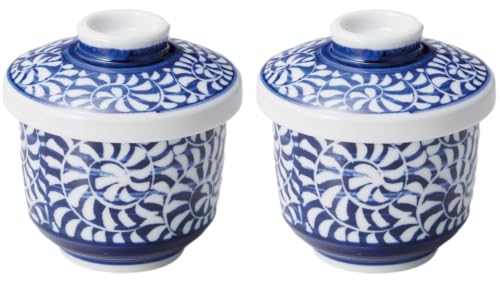 Japanese Porcelain Chawan-mushi Cups with Lid, 3.6 x 3.9 inches, 7.8 Fluid Ounces, Mino Ware Karakusa Arabesque pattern, Set of 2 TG16921 from Japan (Karakusa)