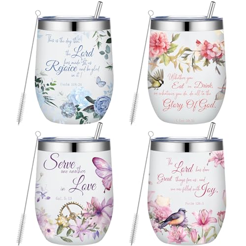 Sliner 4 Pcs Christian Gifts for Women 12 oz Floral Bible Verse Tumbler
