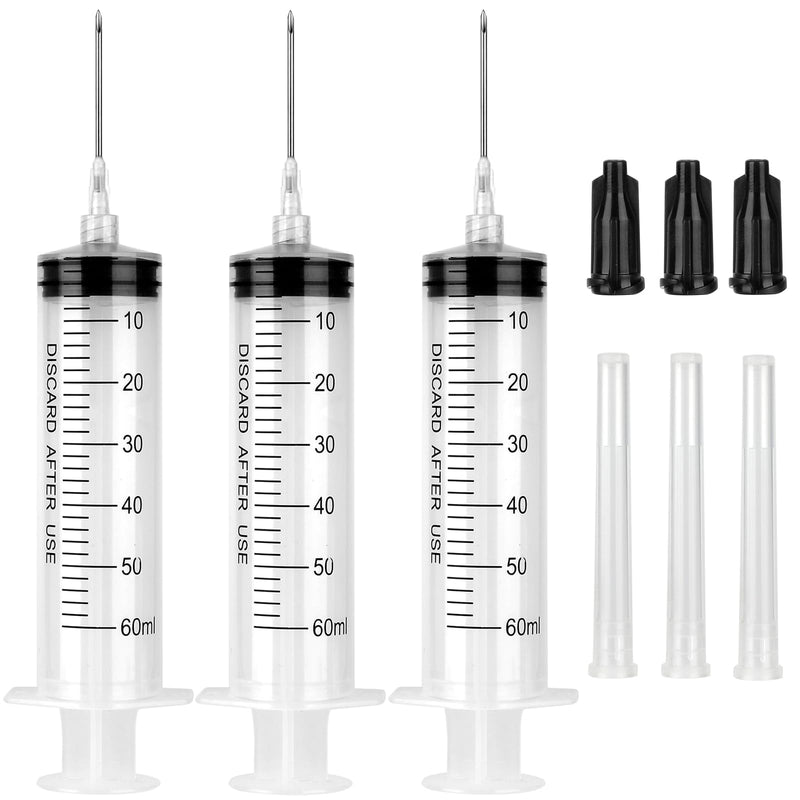 [Australia - AusPower] - 3 Pack 60ml Syringe with Needle 16G 1.5” and Cap, Luer Lock Syringes with Cap for Fluid Suction Injector, Drawing Oil, Fluid, Water, Lab 60 ml 3.0 