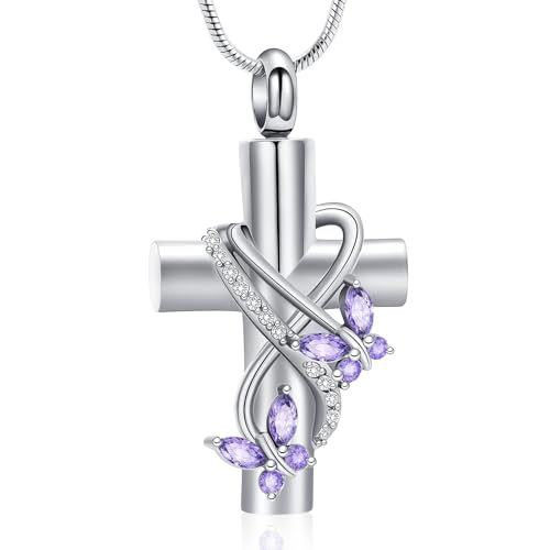 Imrsanl Butterfly Cross Urn Necklace for Ashes Men Women Cremation Jewelry Ashes Pendant for Human Memorial Ash Jewelry Silver Purple