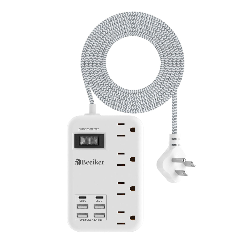 [Australia - AusPower] - 6 USB(2 USB C) Surge Protector Power Strip- 5Ft Travel Power Strip with 4.8A USB Charging Station and 4 Outlets, 13A Ultra Thin Flat Plug Braided Extension Cord with Wall Mount for Travel Office Dorm 24W USB-5ft-980J 