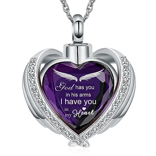 shajwo Cremation Heart Urn Necklace Ashes Jewelry for Women Men Keepsake Pendant Memorial Locket Ash Holder Wing-G Purple