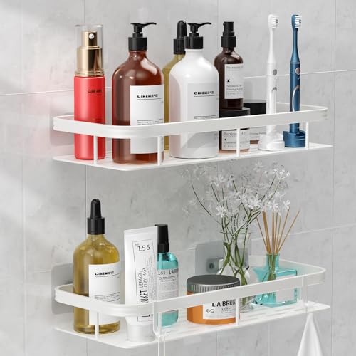 lanlord Wall Mounted Shower Caddy Shelf Organizer Rack,2 Pack No Drilling Adhesive Shower Shelves,Bathroom Shower Organizers and Storage,Save Space With Hooks,Apartment Essentials (White 2LWLT). White-2-L-WL-rectangle