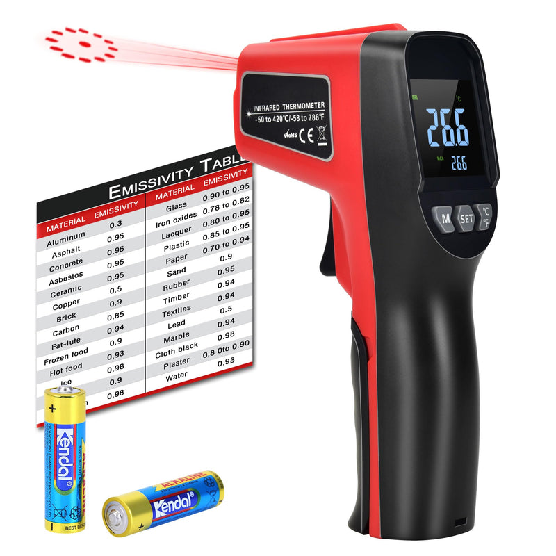 [Australia - AusPower] - Non-Contact Infrared Thermometer -58°F ~788°F (-50~420℃) with Large Color LCD Backlight Display & Laser Positioning & Adjustable Emissivity & Max Min for Cooking, Oven, Griddle, Engine, HVAC Black & Red 