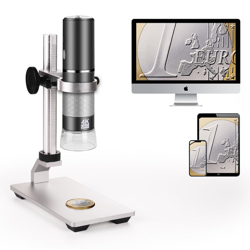 4K 3840x2160p WiFi Digital Microscope Camera with Adjustable Metal Stand, Wireless Portable Microscope for iPhone Android Phone and Windows Mac PC Gray