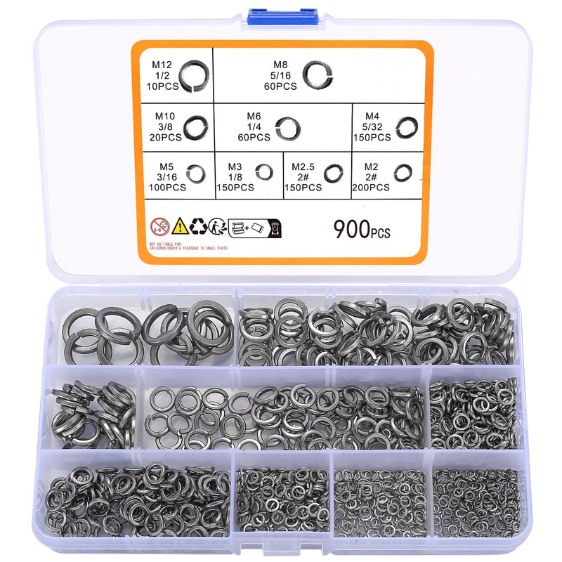 [Australia - AusPower] - 900 PCS Stainless Steel Spring Lock Washer, Split Lock Washer, Split Ring Washer Bolt Screw Spring Washer, 2#, 1/8", 5/32", 3/16", 1/4", 5/16", 3/8", 1/2" 