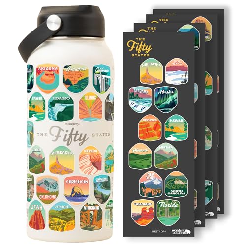 Wondery Official Fifty States bucket list™ Travel Water Bottle with Waterproof Stickers and Straw | Cream 32 oz Engraved | Insulated Stainless Steel Vacuum Sealed | Leak Proof