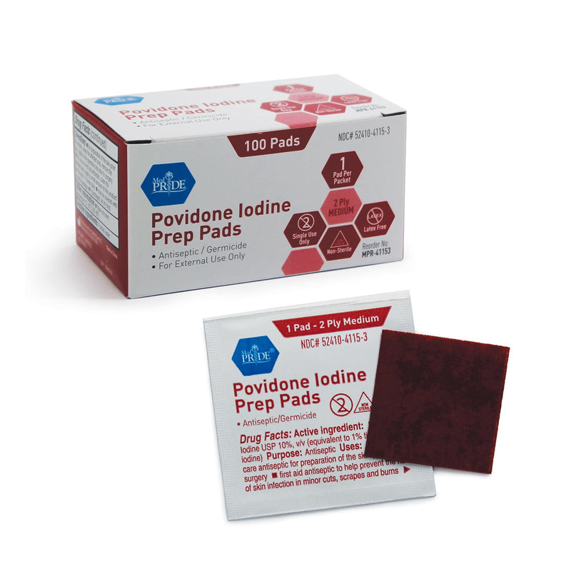 [Australia - AusPower] - MED PRIDE Povidone Iodine Prep Pads For Wounds [Box of 100] - Individually Wrapped Iodine Wipes, 2-Ply, Medium- Wound Care First-Aid Antiseptic- Alcohol-free Medical-Grade 10% Povidone Iodine Packets 