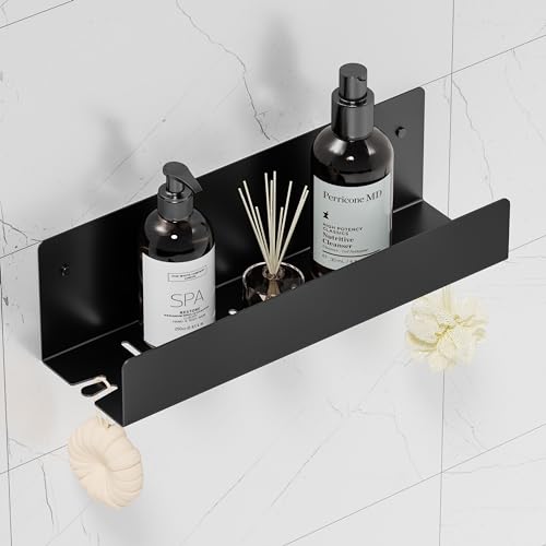Qeke Shower Caddy, 12" Bathroom Shower Shelf Organizer with 2 Hooks, SUS304 Stainless Steel Floating Shower Shelves with Large Capacity, Rustproof Shower Rack for Inside Shower, Matte Black 12"