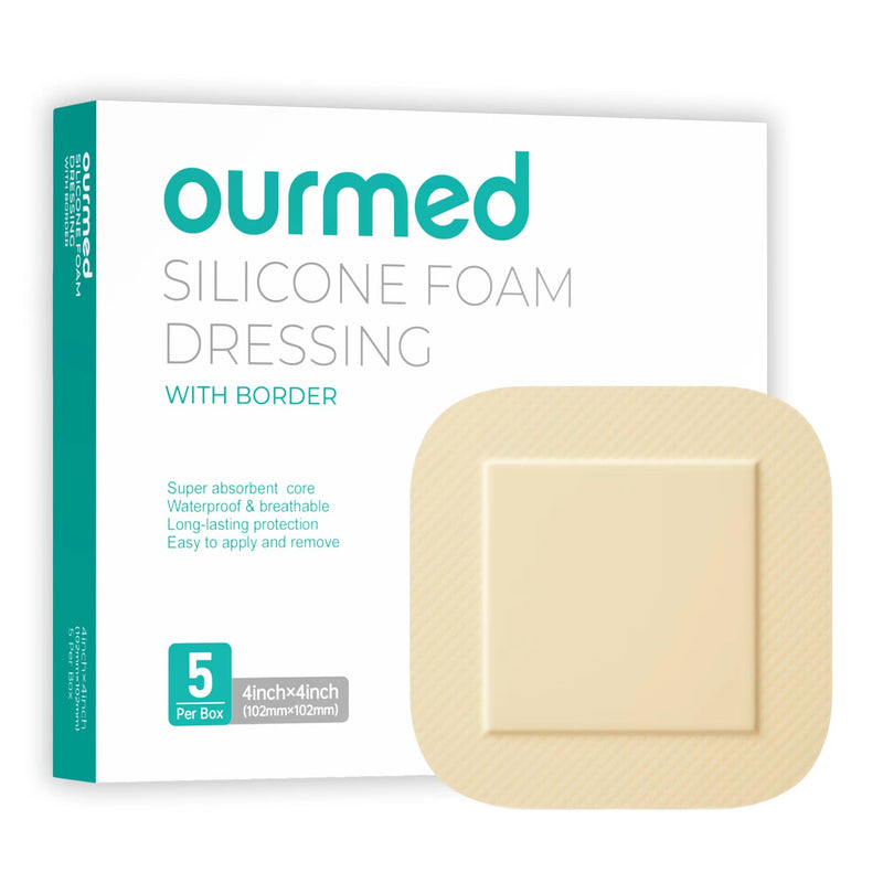 [Australia - AusPower] - Silicone Foam Dressing with Border Adhesive - Large Absorbent Waterproof Bandage for Wound Care, Foot Diabetic Ulcer, Leg Ulcer, 4" x 4", 5 Pack, FSA HSA Eligible 4 x 4 Inch (5PCS) 