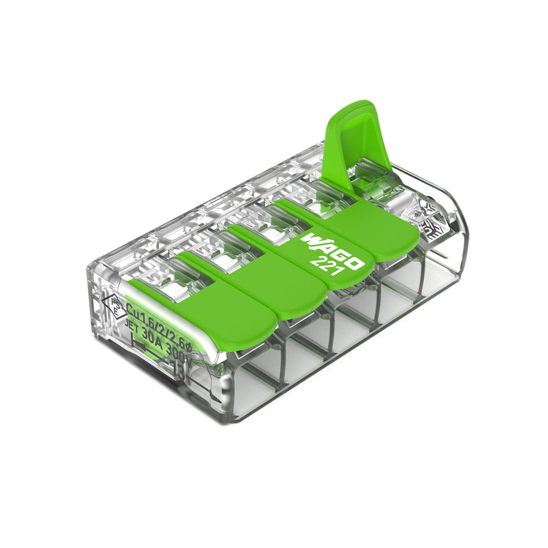 221-425 | WAGO Splicing Connector Green Range | for Solid, Stranded and fine-Stranded Conductors | 5-Conductor with levers | 24-12 AWG | Transparent housing | [25 Pieces]
