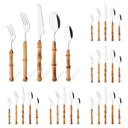 30PCS Silverware Set for 6, Bamboo Handle Flatware Set, Stainless Steel Cutlery Set for Home Restaurant and Party, Bamboo Forks Spoons and Knives Set, Polished Tableware 30-Piece Service for 6