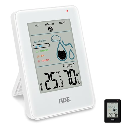 ADE Digital Hygrometer Indoor with Mould Alarm | Moisture Meter with Thermometer | Large LCD Display | White