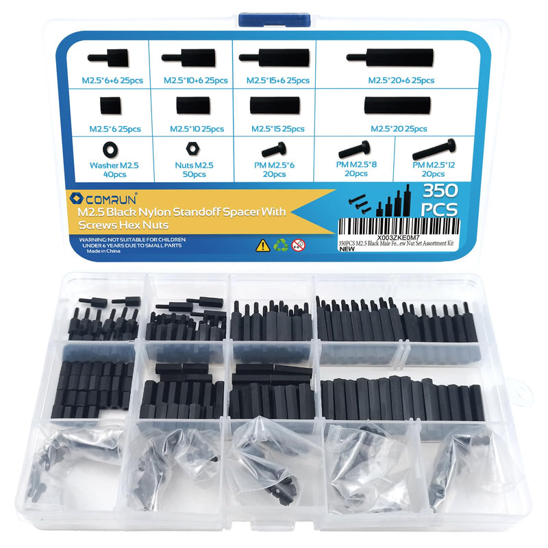 [Australia - AusPower] - 350PCS M2.5 Black Male Female Nylon Hex Spacer Standoff Screw Nut Set Assortment Kit (Black) for PCB Motherboard Circuit Board 350Pcs M2.5 
