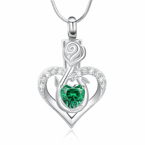 Minicremation Cremation Jewelry for Ashes Rose Flower Heart Necklace for Women Girl Birthstone Memorial Keepsake Jewelry Urn Pendant Silver-Green