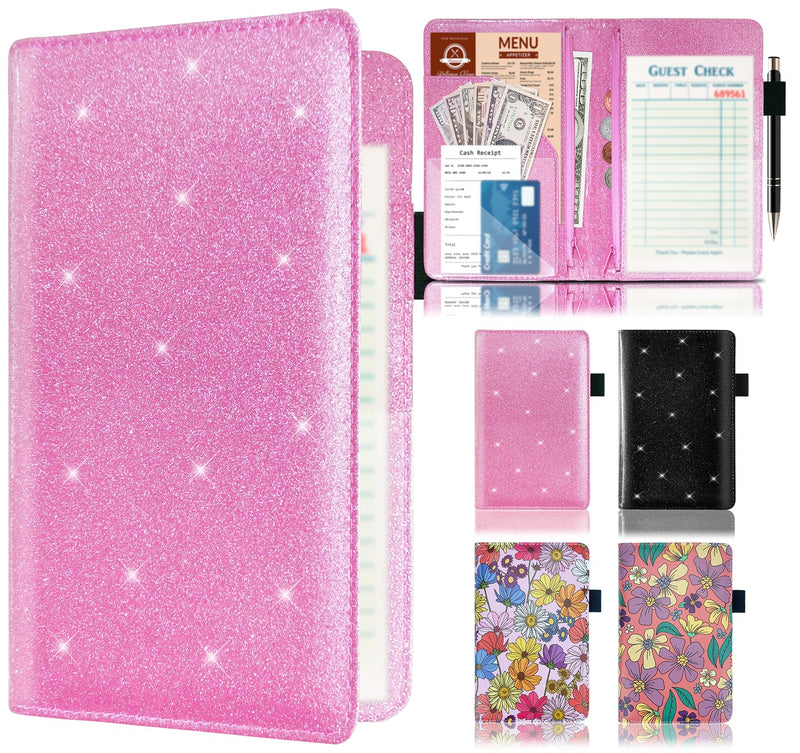 [Australia - AusPower] - Server Book with 2 Zipper Pockets, Leather Server Book Organizer for Waitress, Bling Waiter Book Money Wallet with Pen Holder, Guest Check Presenter, Restaurant Waitstaff Organizer, Glitter Pink 
